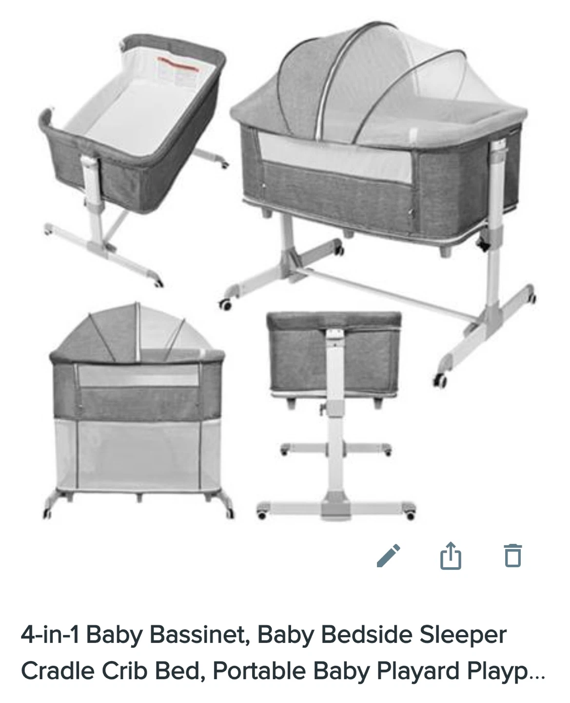 4-in-1 Baby Bassinet, Bedside Sleeper, Cradle, Crib, Playard