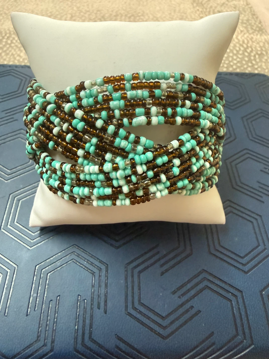 Beaded Coil Bracelet - Teal, Brown, White