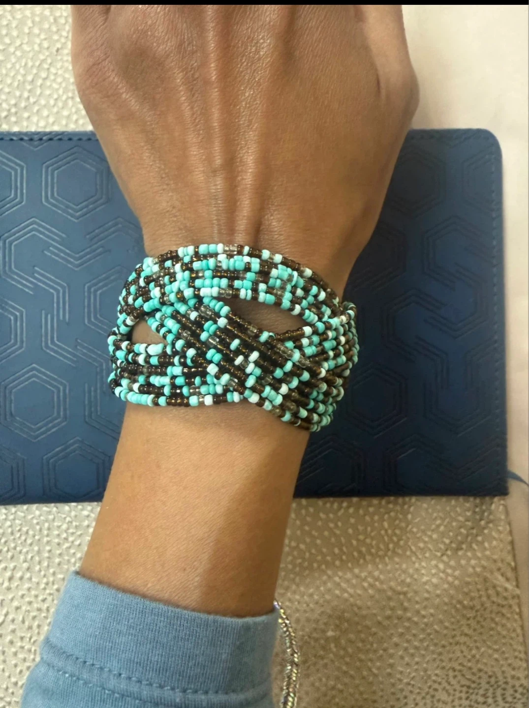 Beaded Coil Bracelet - Teal, Brown, White - photo 3