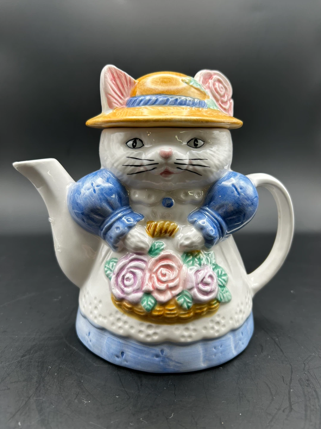 Ceramic Cat Teapot with Hat and Flower Basket