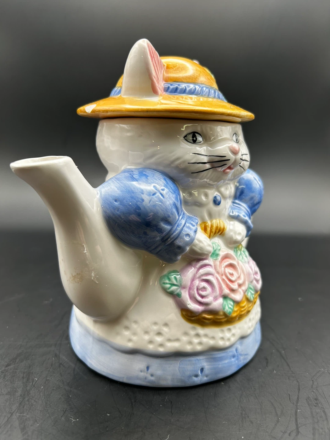 Ceramic Cat Teapot with Hat and Flower Basket - photo 2