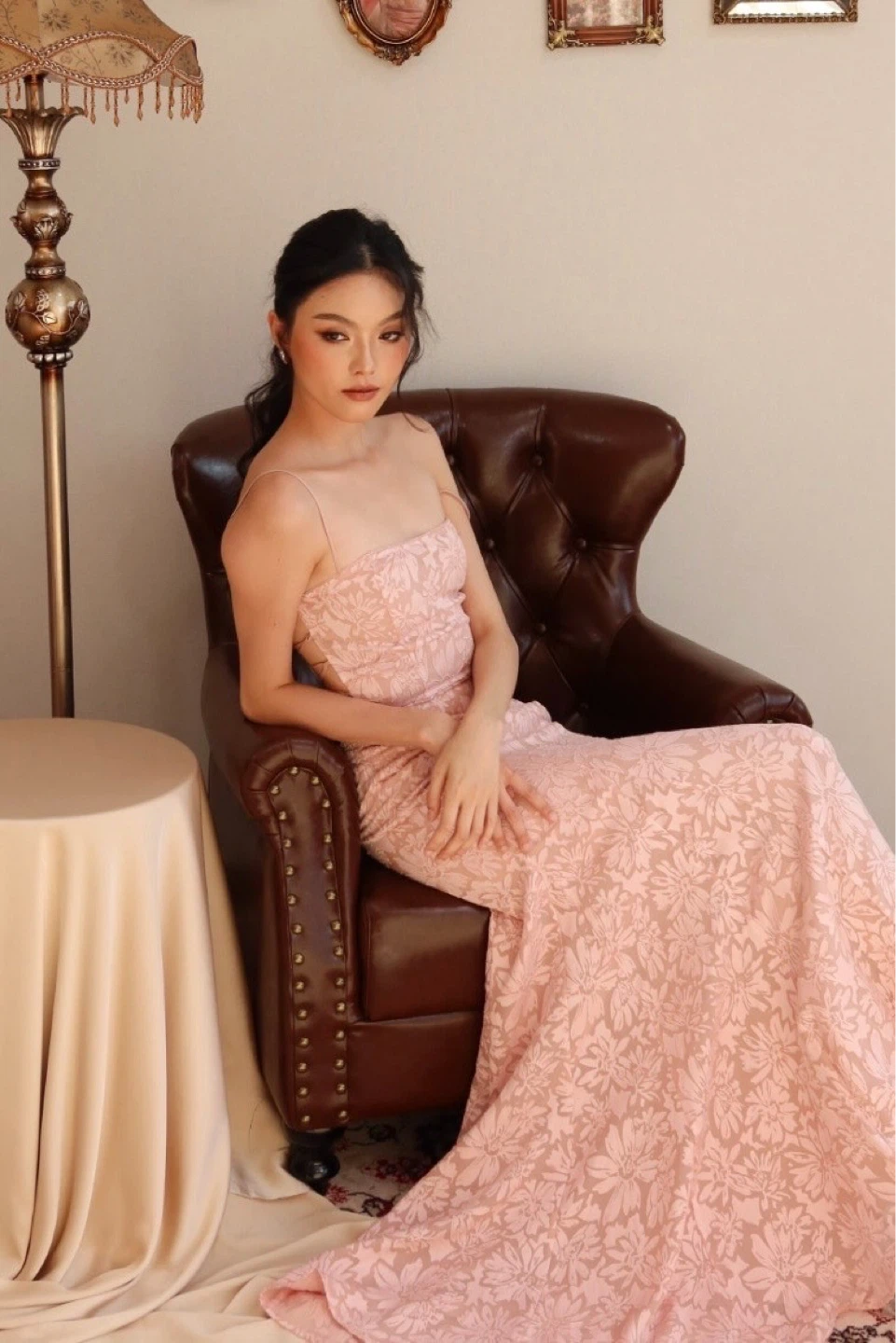 Pink Floral Lace Strapless Maxi Dress