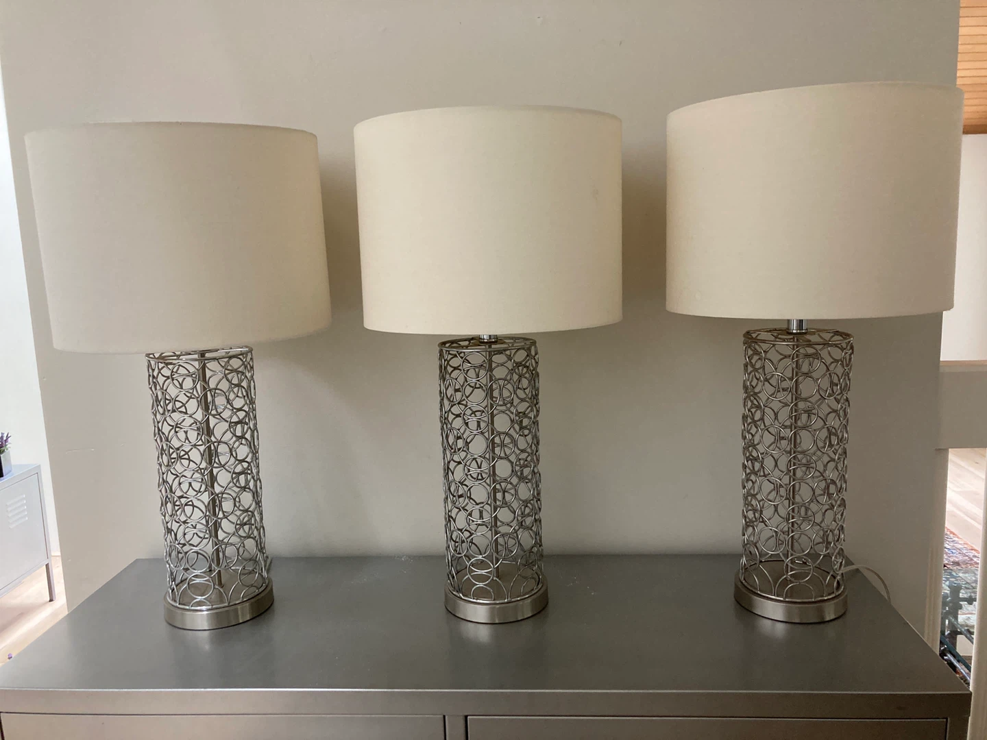 Set of 3 Modern Metal Wire Circle Table Lamps with Cream Shades