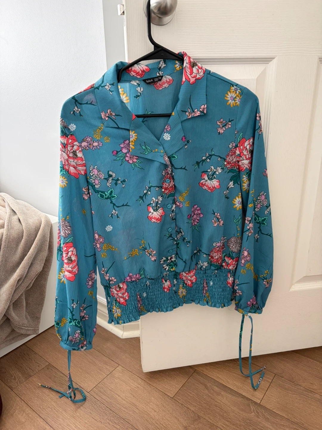 Splash Blue Floral Smocked Hem Blouse Size 10