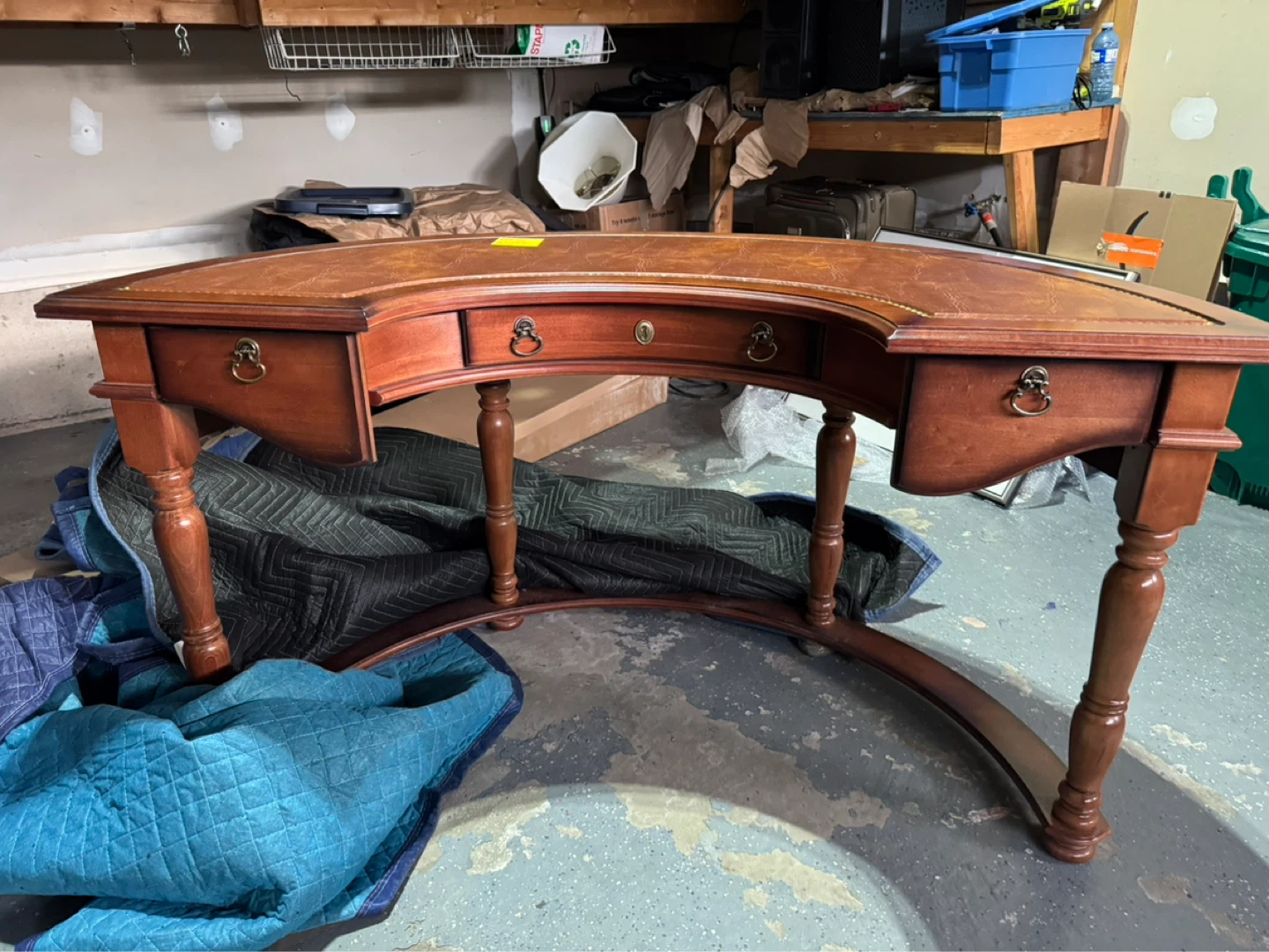 Vintage Demi-Lune Turned Timber Desk with Studded Leather Inlay