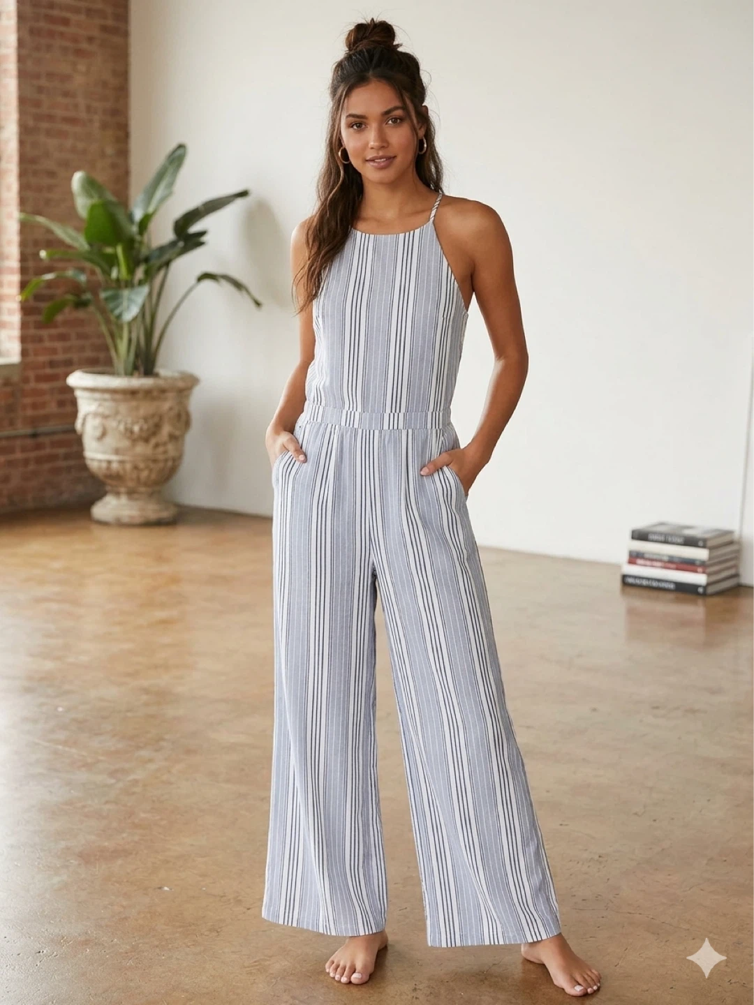Hollister Co. Striped Halter Neck Wide Leg Jumpsuit