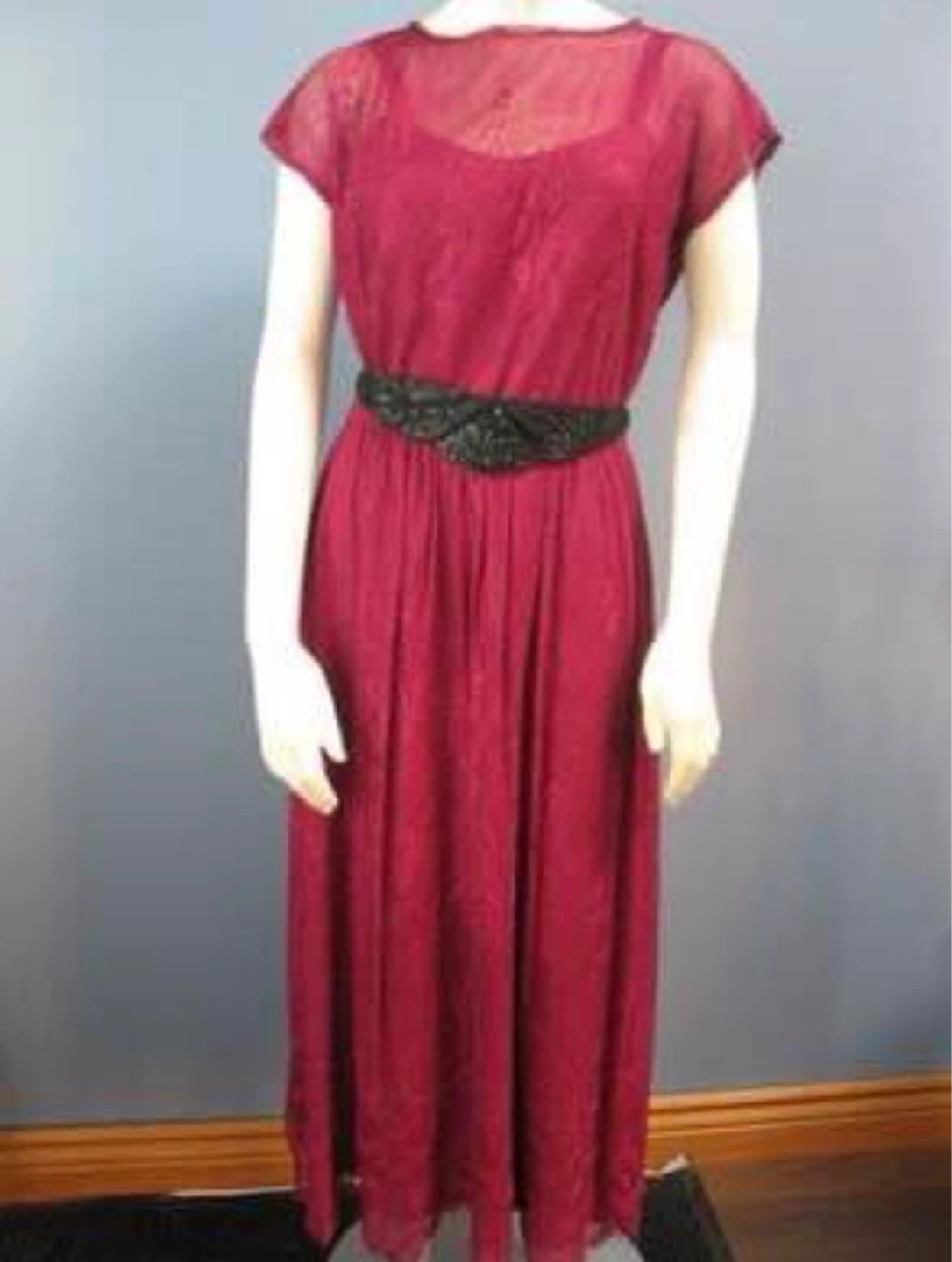 Women's Burgundy Lace Overlay Dress with Black Belt