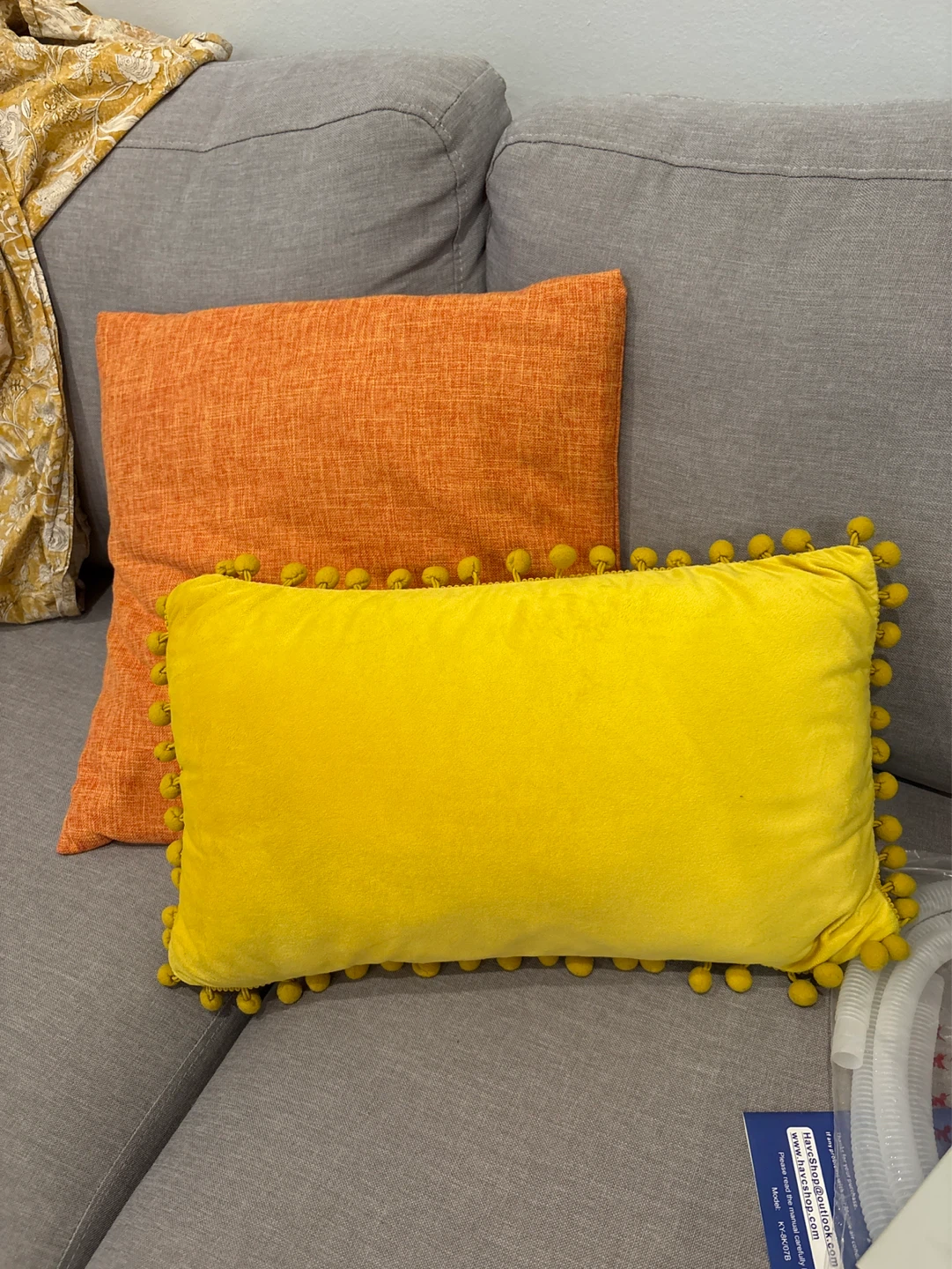 Throw Pillow- Yellow rectangle pillow with Pom Pom Accent