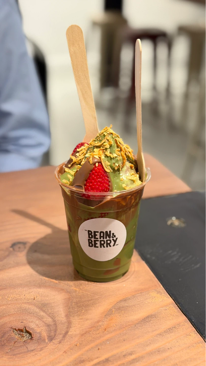 Bean & Berry Matcha Dessert with Strawberries and Chocolate