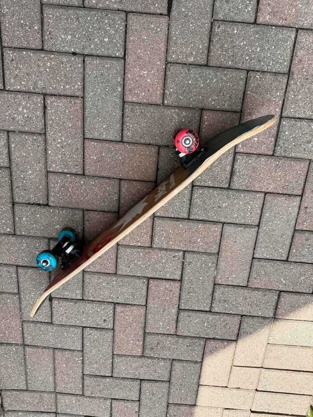 Skateboard with Red and Blue Wheels