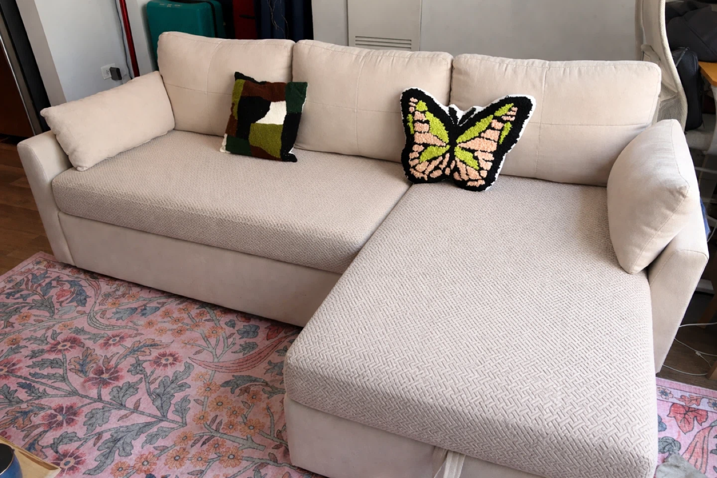 Beige L Shape Sectional Sofa with Storage and Pull-out Bed