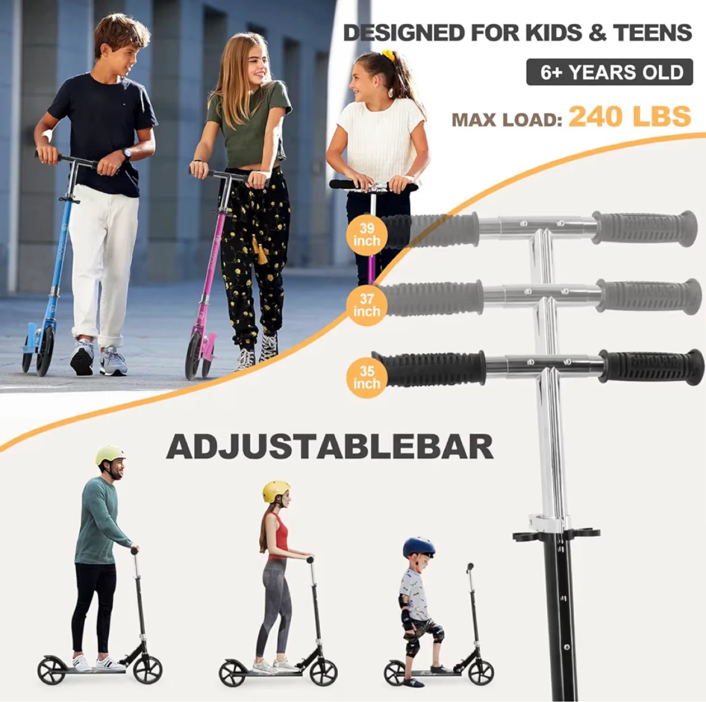 Scooter for Kids and Teens - Adjustable Height, 240 lbs Max Load - photo 2