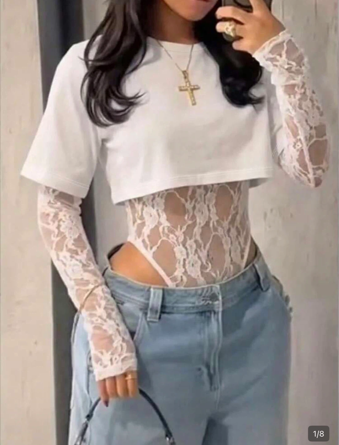 Sheer Lace Short Sleeve Crop Top w/ Lace Bodysuit - photo 2