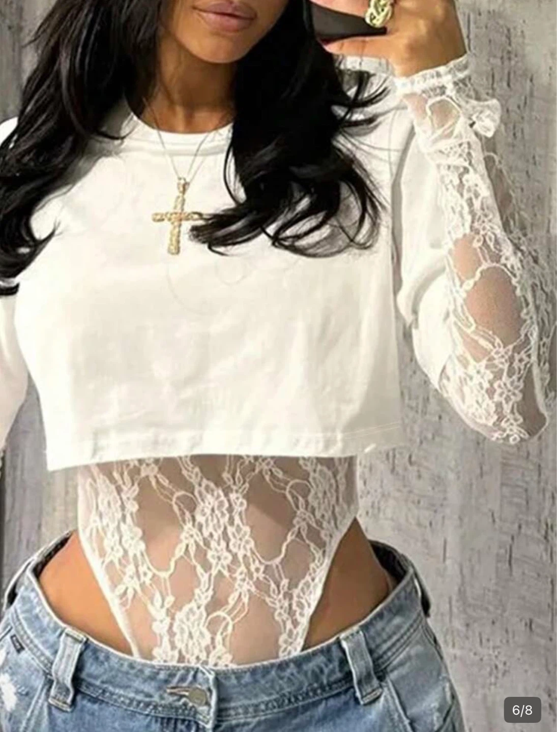 Sheer Lace Short Sleeve Crop Top w/ Lace Bodysuit