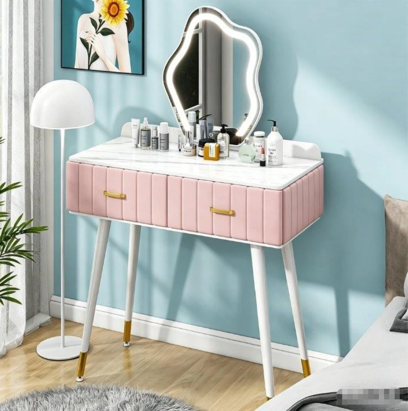 UBesGoo Makeup Vanity with 3 Color Lighted Mirror-Pink