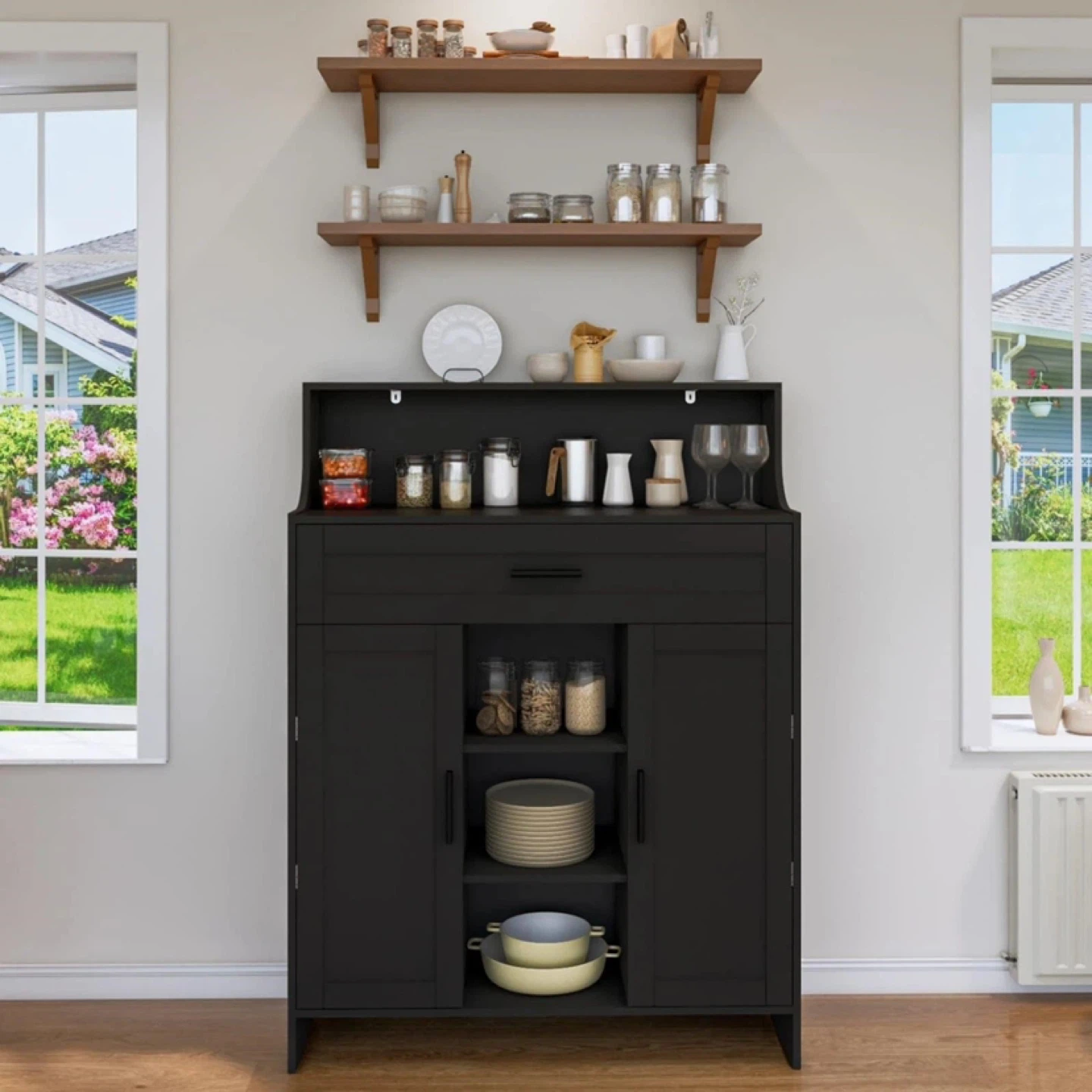 Black kitchen storage cabinet with door and Drawers