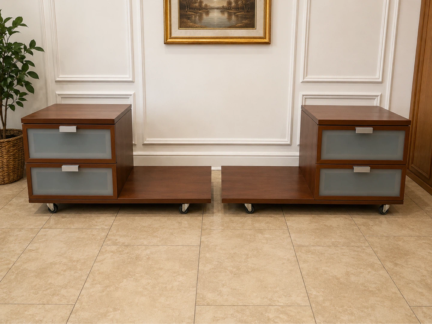 Set of 2 Wood Nightstands with Frosted Drawers on Wheels