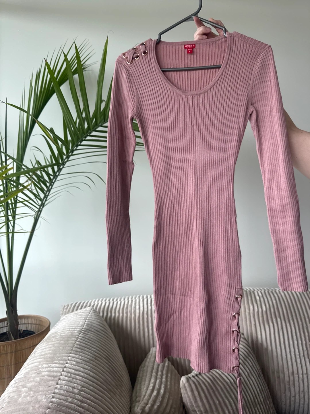 Guess Ribbed Long Sleeve Mini Dress Pink Size M