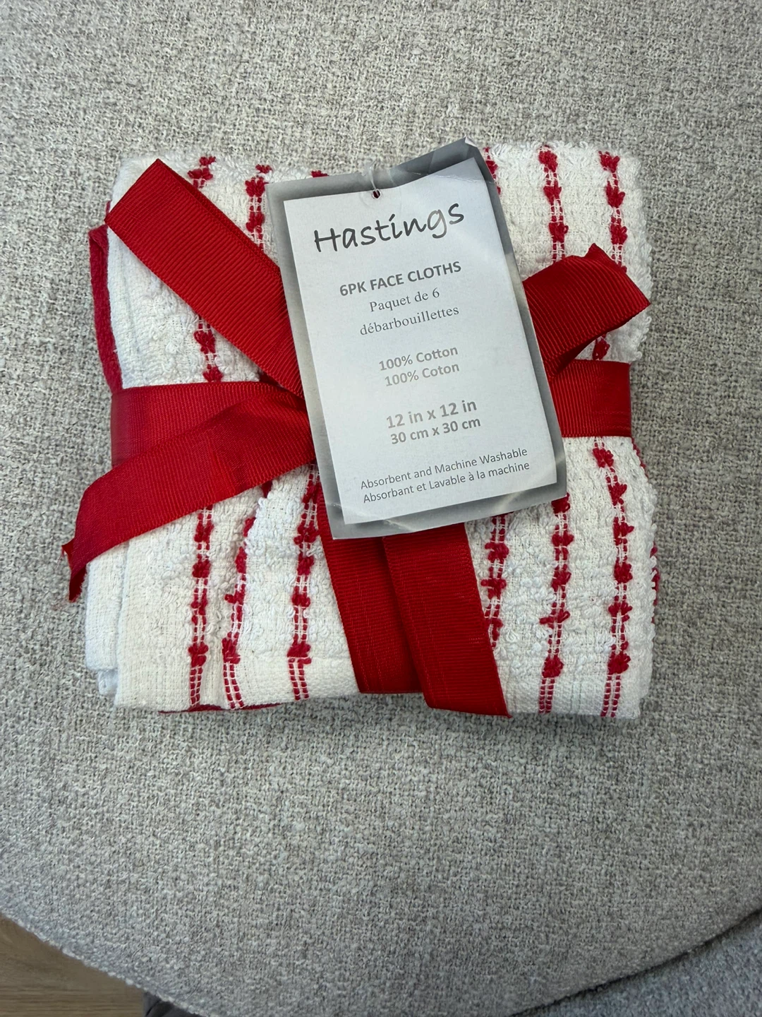 Hastings 6PK Face Cloths White/Red 12" x 12"