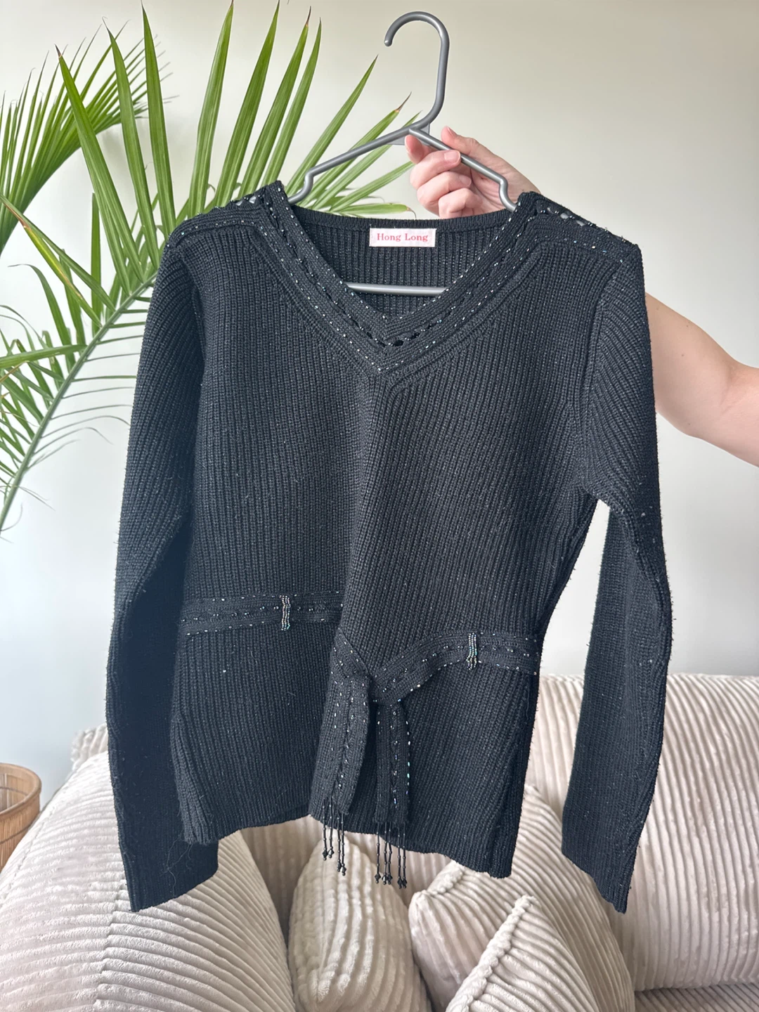 Black Knit Sweater with Beaded Embellishments
