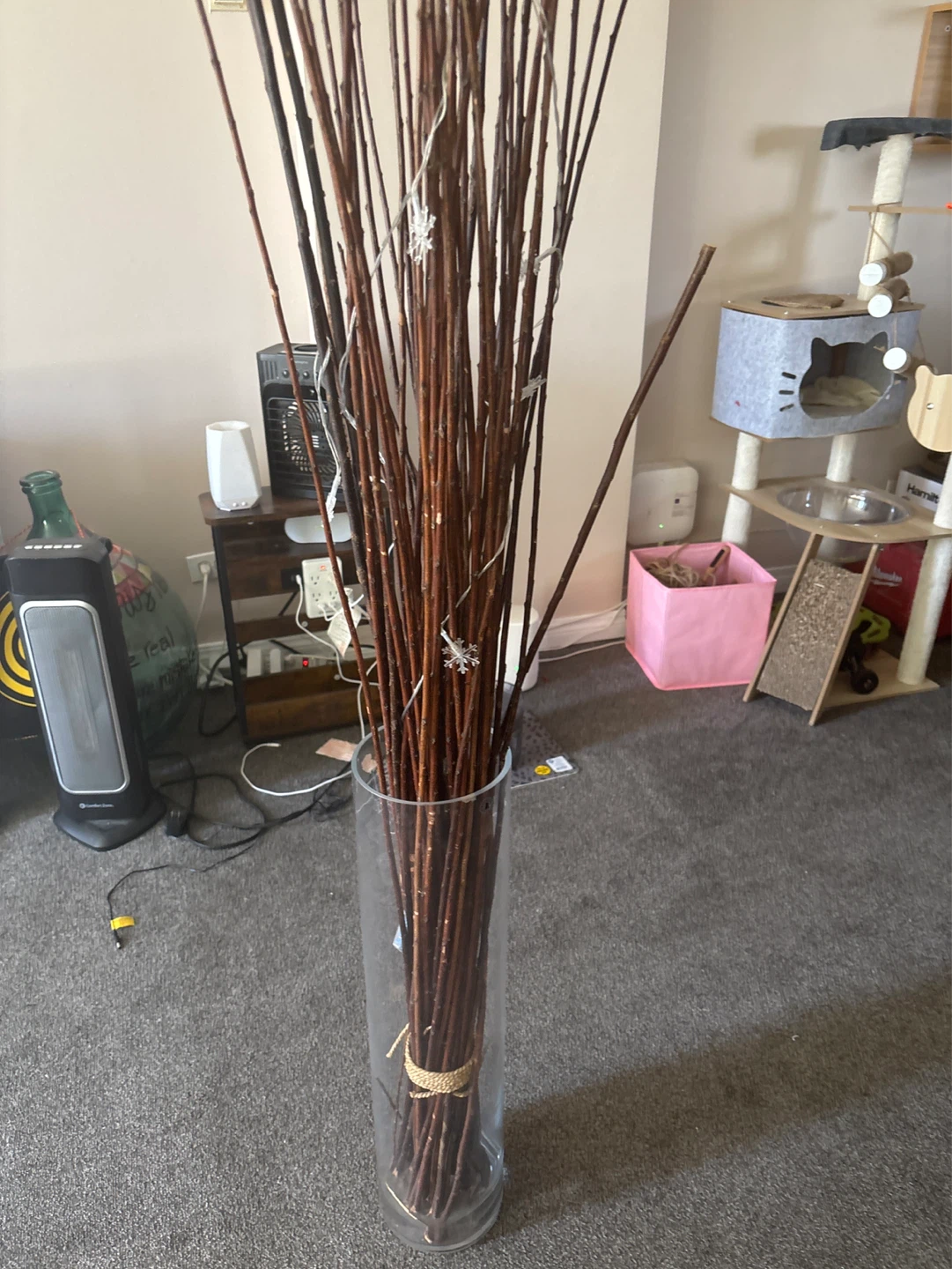 Tall Glass Vase with Willow Branches and Lights
