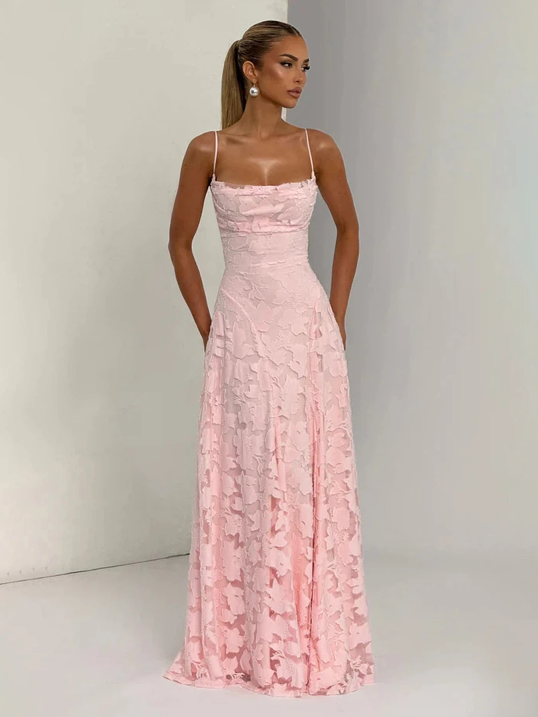 Pink Maxi Dress with Lace-Up Back