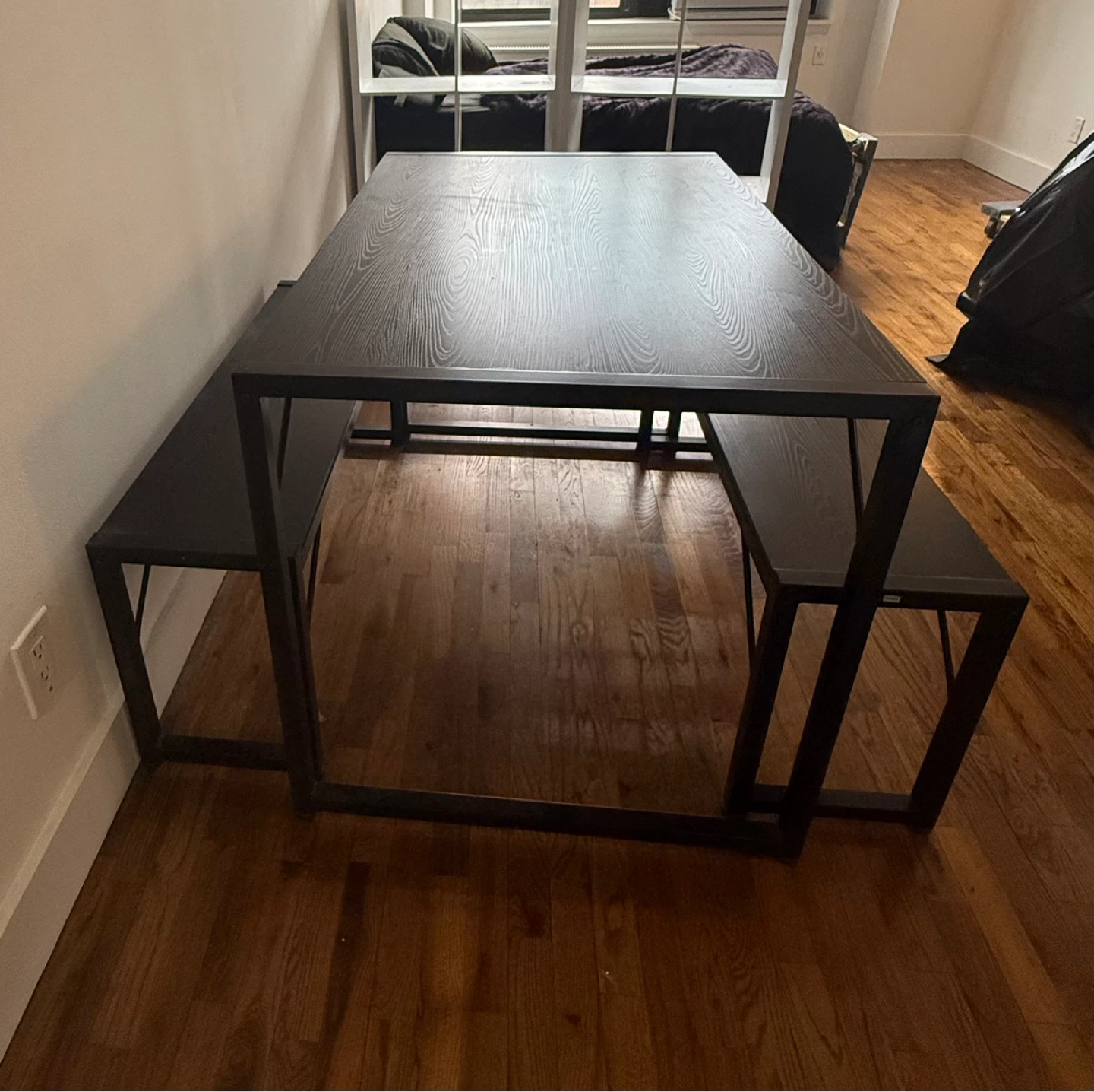 Black Wood Grain Dining Table with Benches