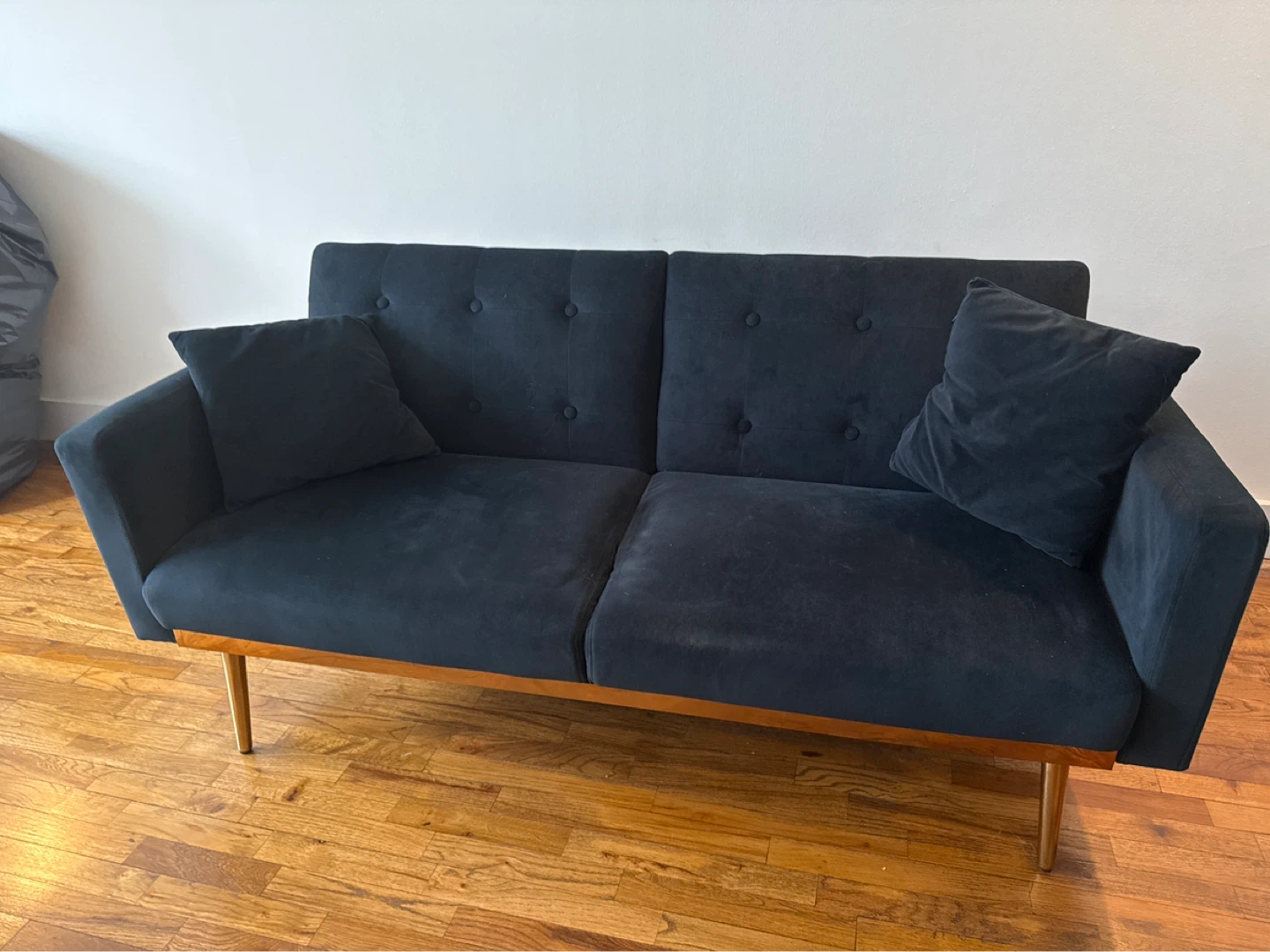Dark Blue Velvet Loveseat with Wood Accents
