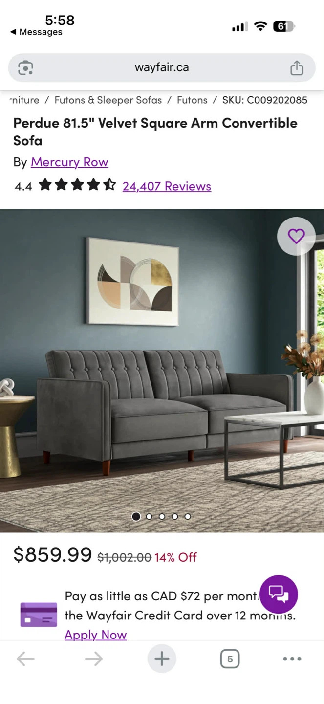 Mercury Row Perdue 81.5" Velvet Convertible Sofa - photo 2