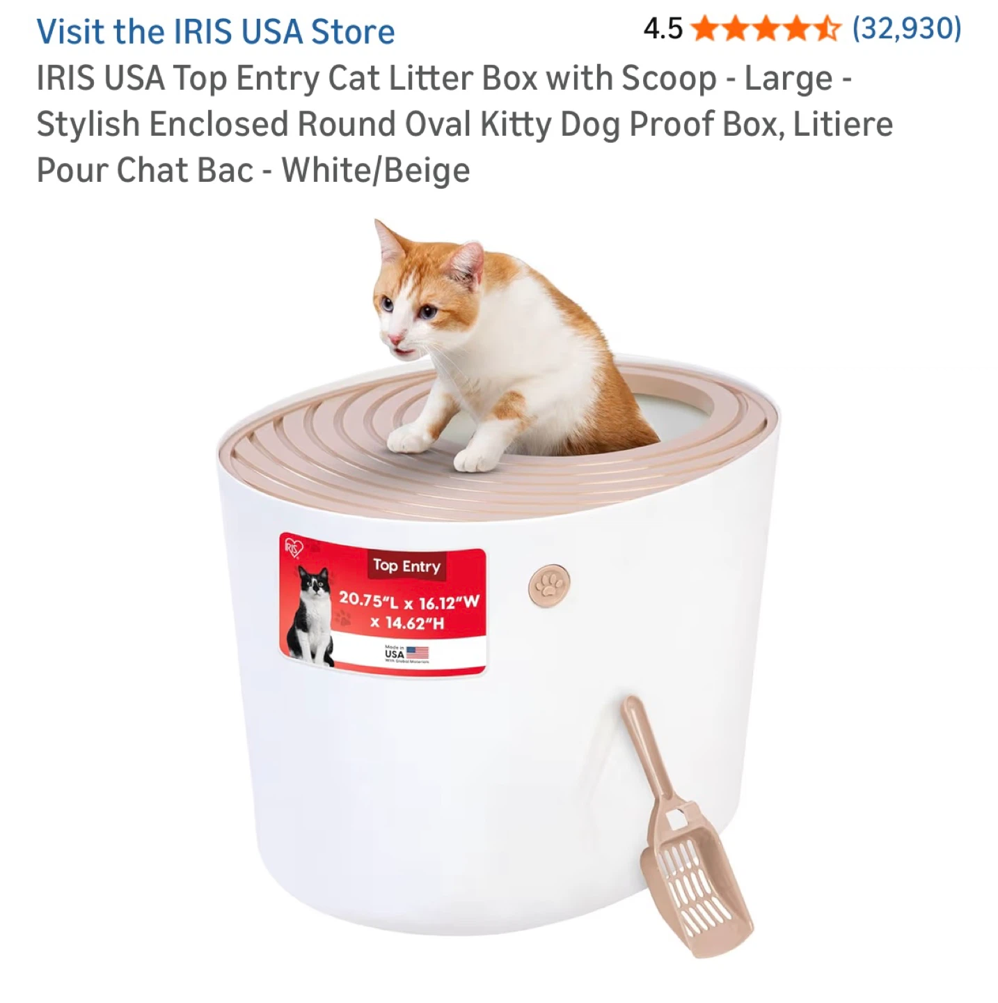 IRIS USA Top Entry Large Cat Litter Box with Scoop - White/Beige