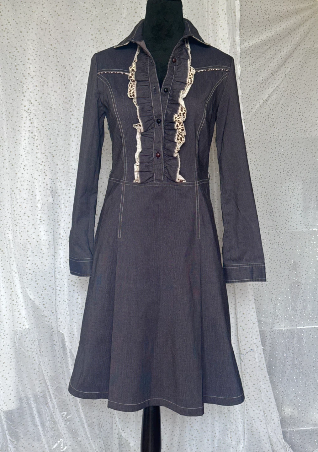 Denim Dress with Ruffle and Leopard Trim