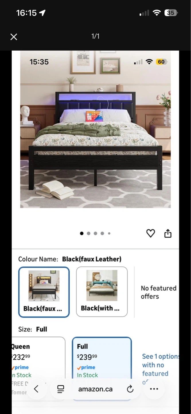 Black Full Size Bed Frame with Faux Leather Headboard.
