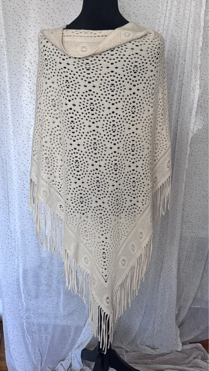 Cream Crochet Poncho with Fringe - photo 2