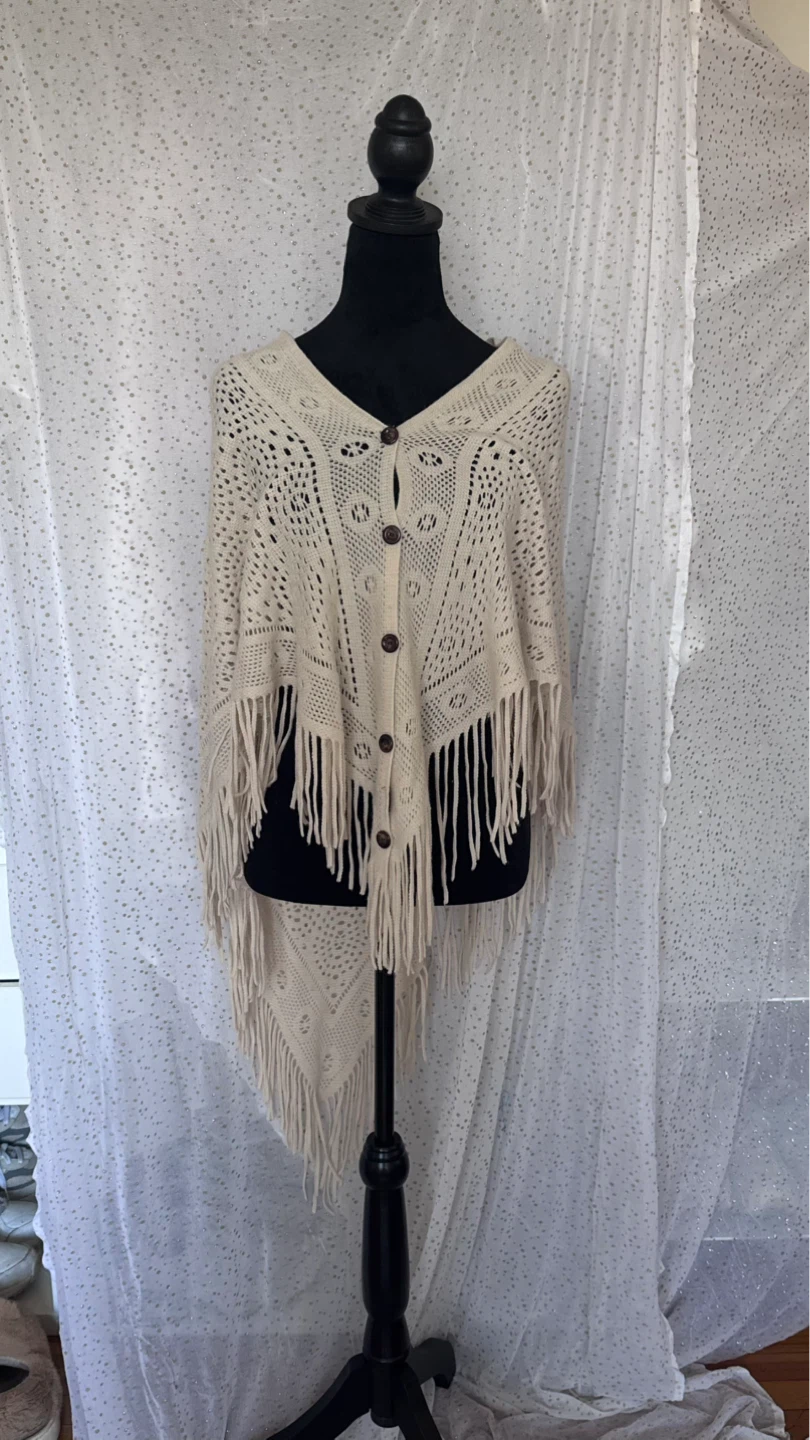 Cream Crochet Poncho with Fringe
