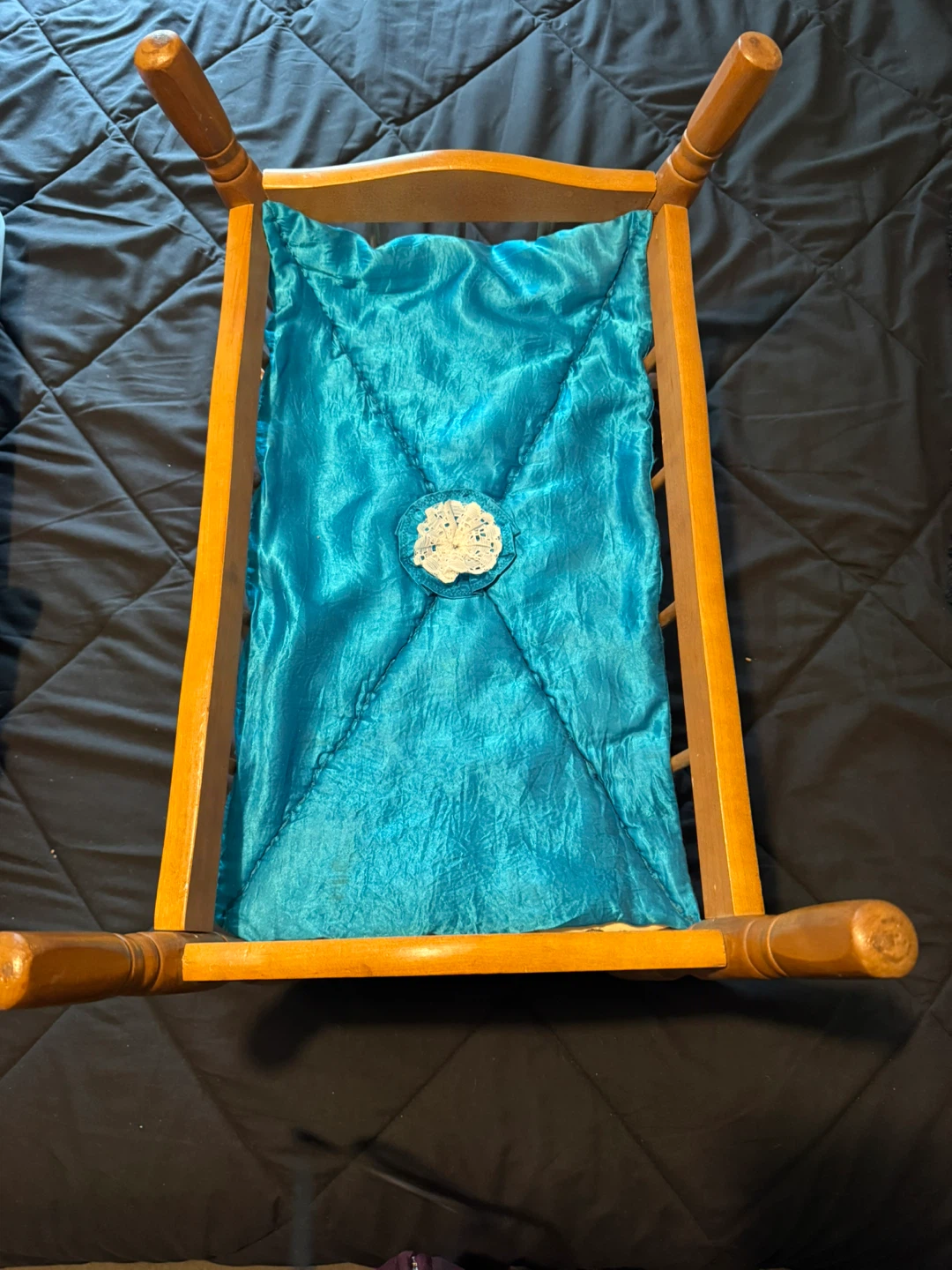 Vintage Wooden Doll Cradle Rocker with Squirrel Print Bedding - photo 4