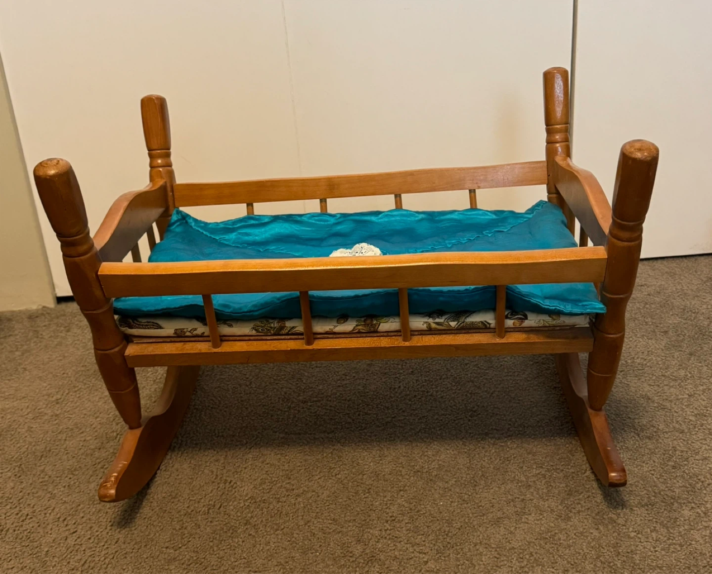 Vintage Wooden Doll Cradle Rocker with Squirrel Print Bedding