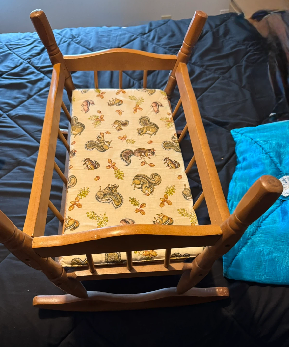 Vintage Wooden Doll Cradle Rocker with Squirrel Print Bedding - photo 3