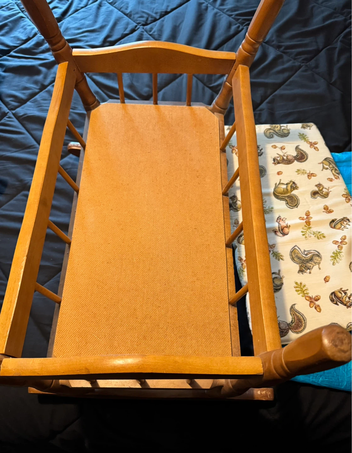 Vintage Wooden Doll Cradle Rocker with Squirrel Print Bedding - photo 2