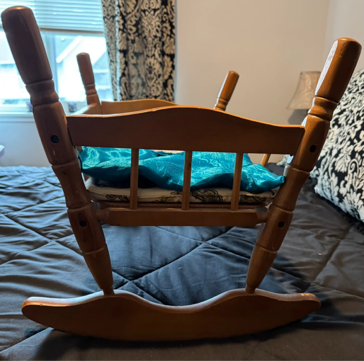 Vintage Wooden Doll Cradle Rocker with Squirrel Print Bedding - photo 5