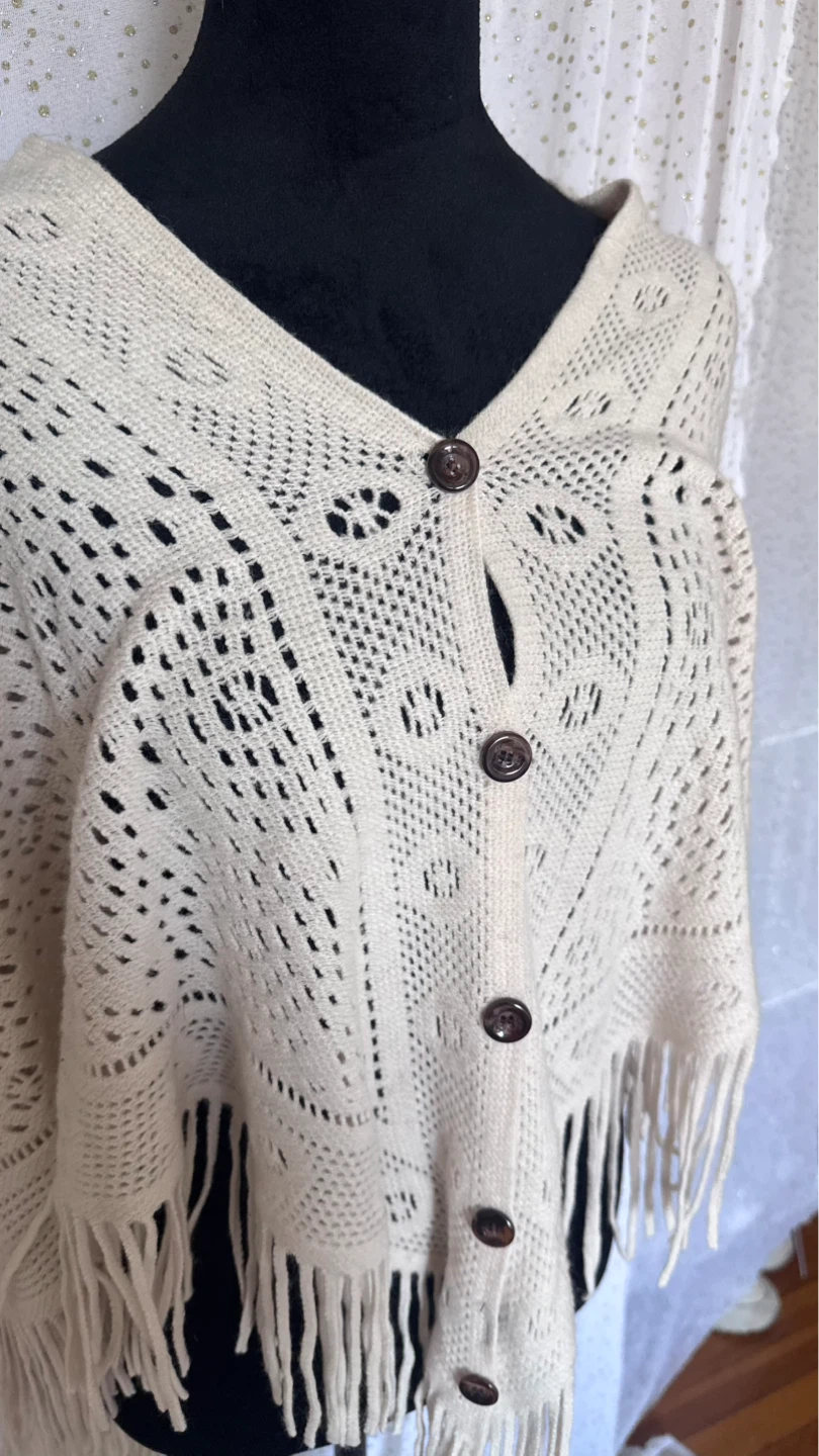Cream Crochet Poncho with Fringe - photo 3