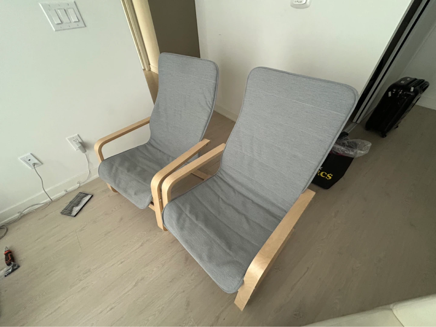 IKEA POÄNG Chairs - Grey Fabric and Wood - Set of 2