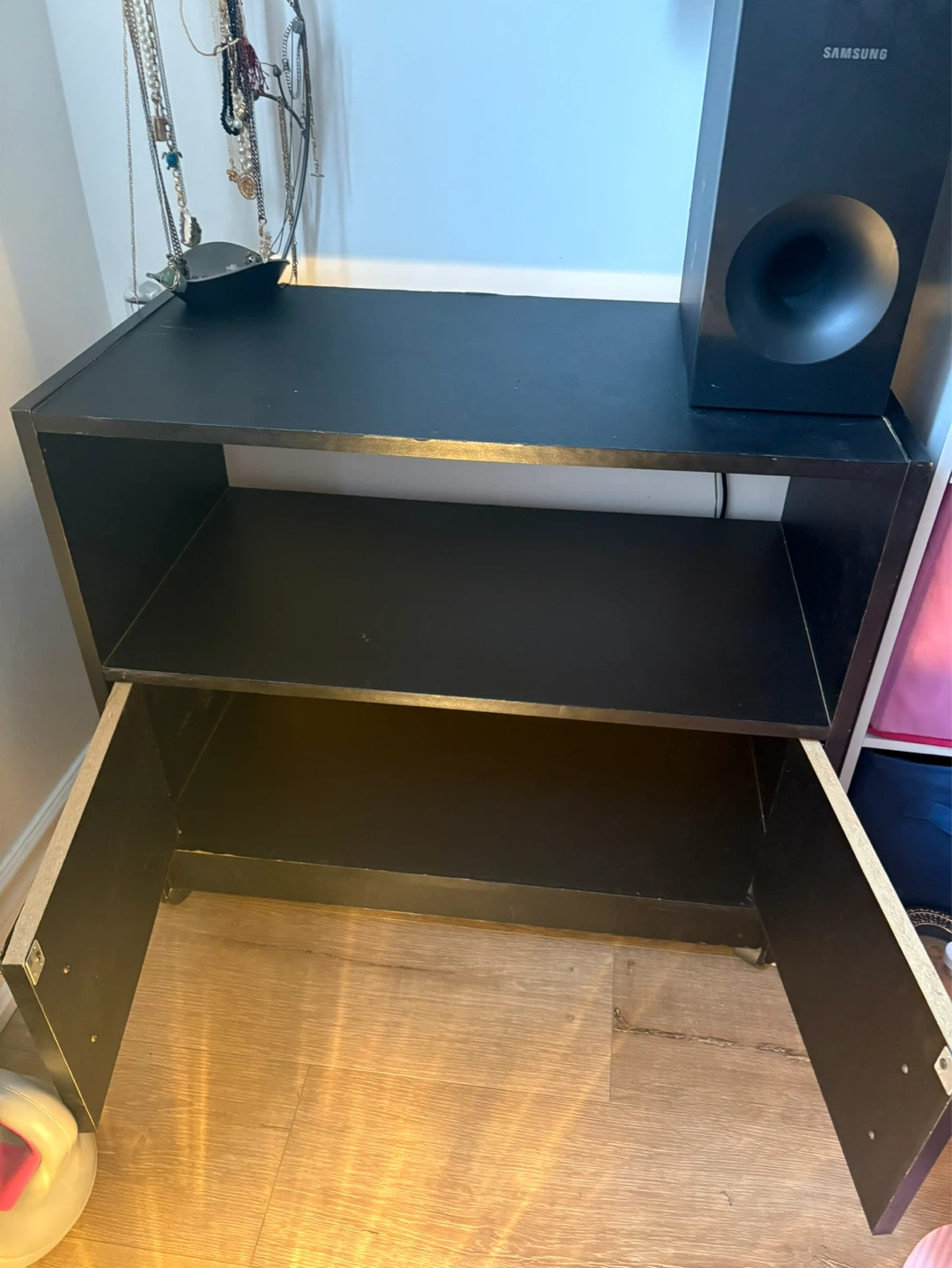 Black media console with shelves and cabinet - photo 2