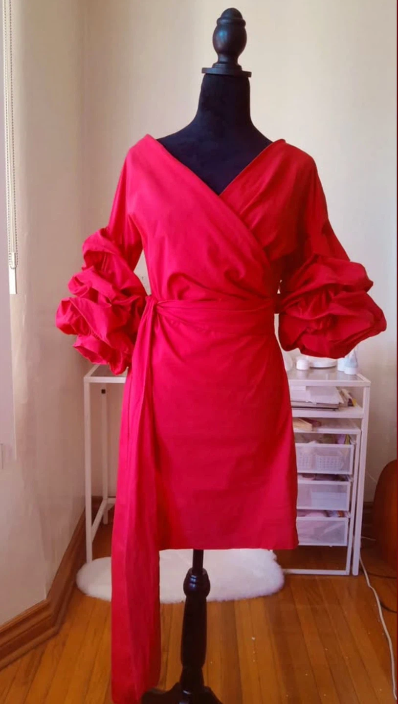 ZARA Red Wrap Dress with Puffy Sleeves - Size XS