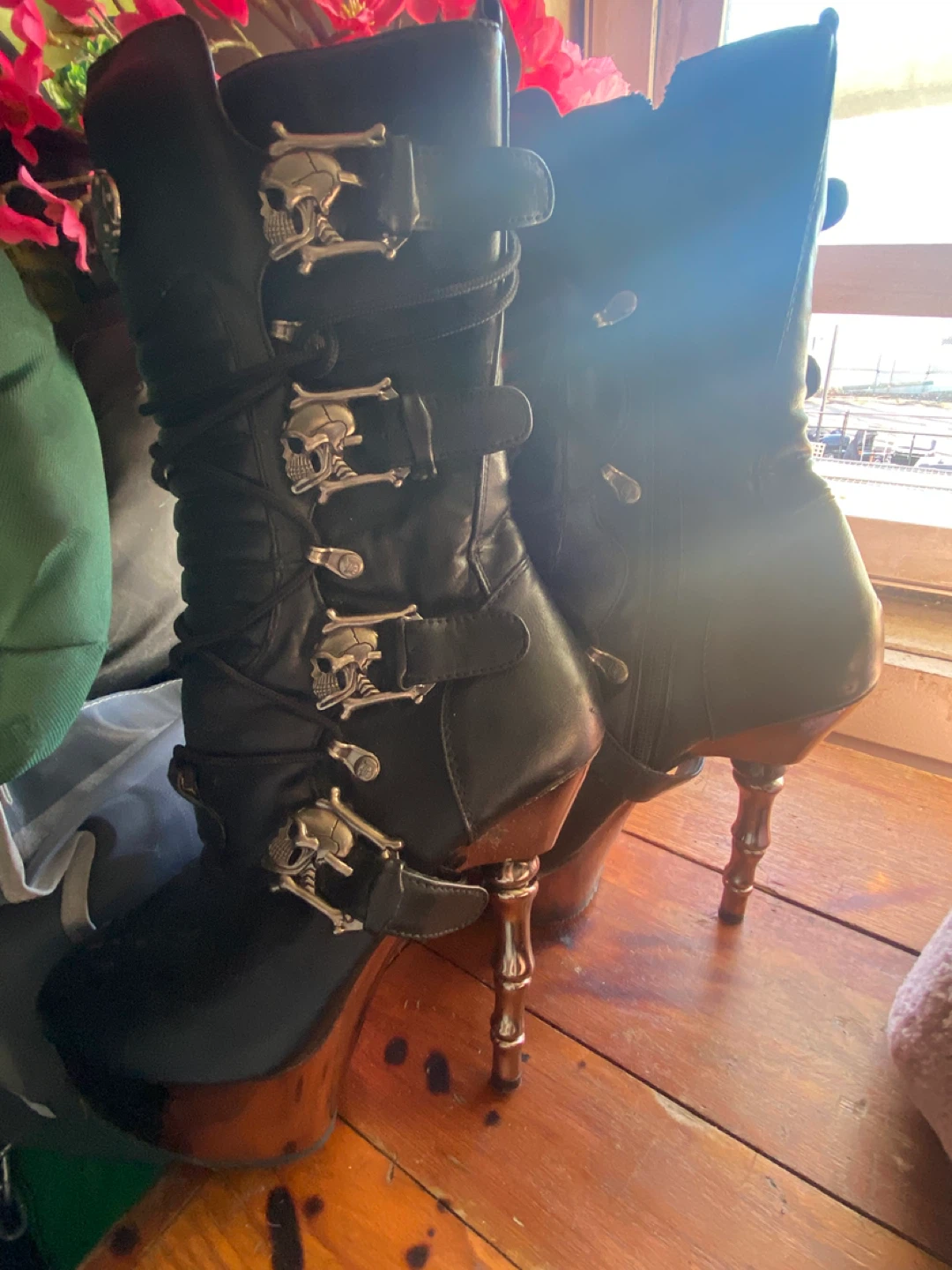 Demonia Black Platform Skull Buckle Boots