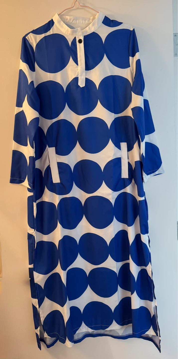 Blue and white polka dot long dress