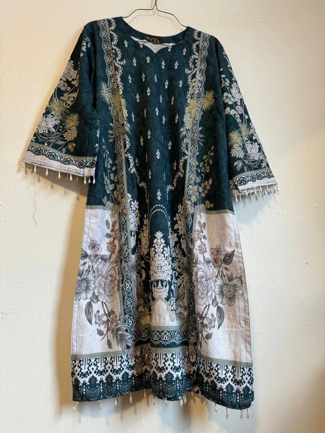 Green Floral Print Tunic Top with Beaded Cuffs