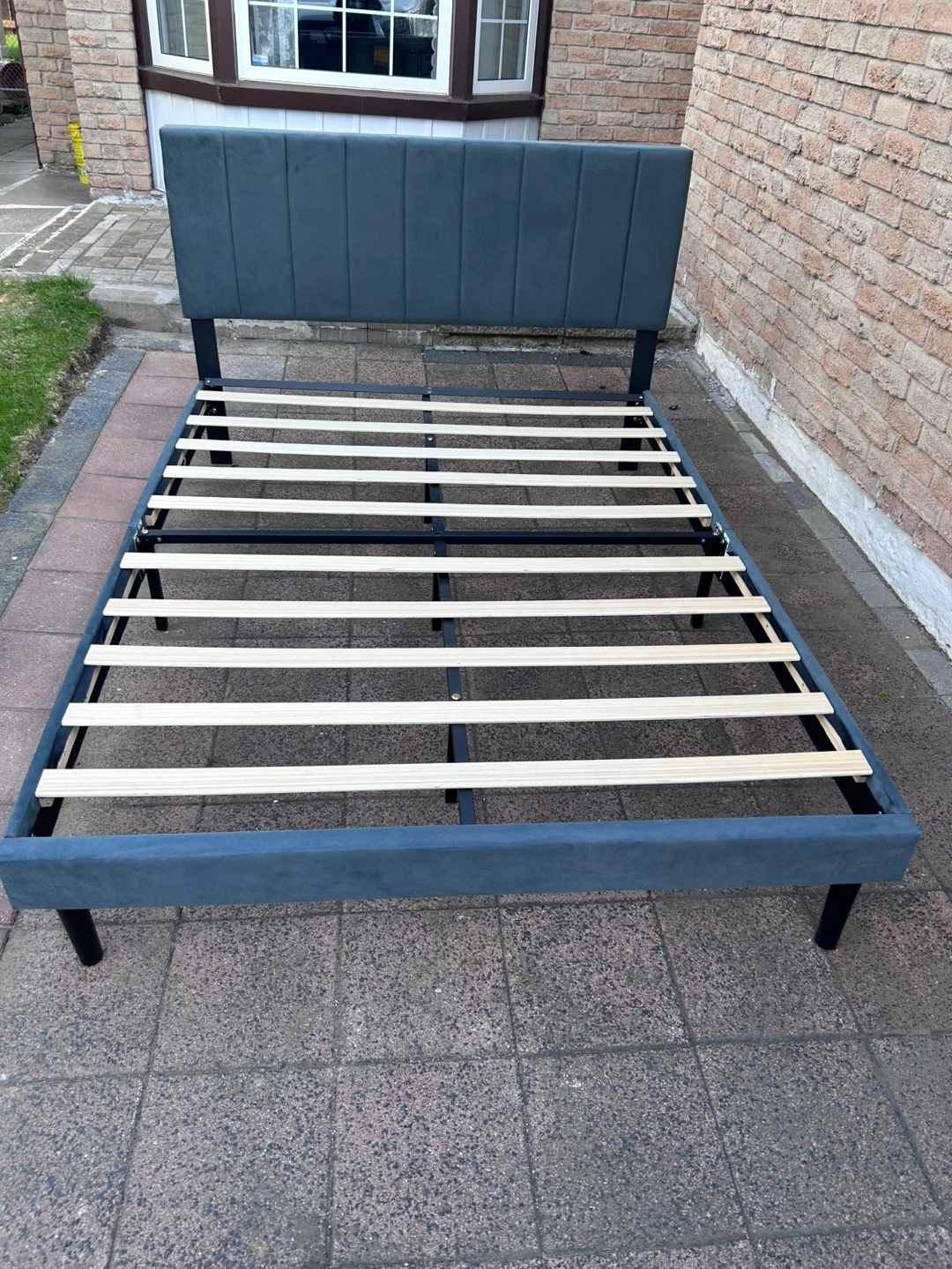 Blue-Grey Upholstered Bed Frame with Headboard