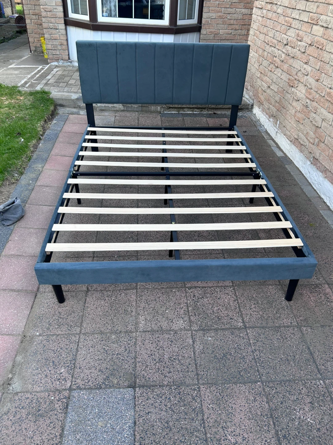 Blue-Grey Upholstered Bed Frame with Headboard - photo 2