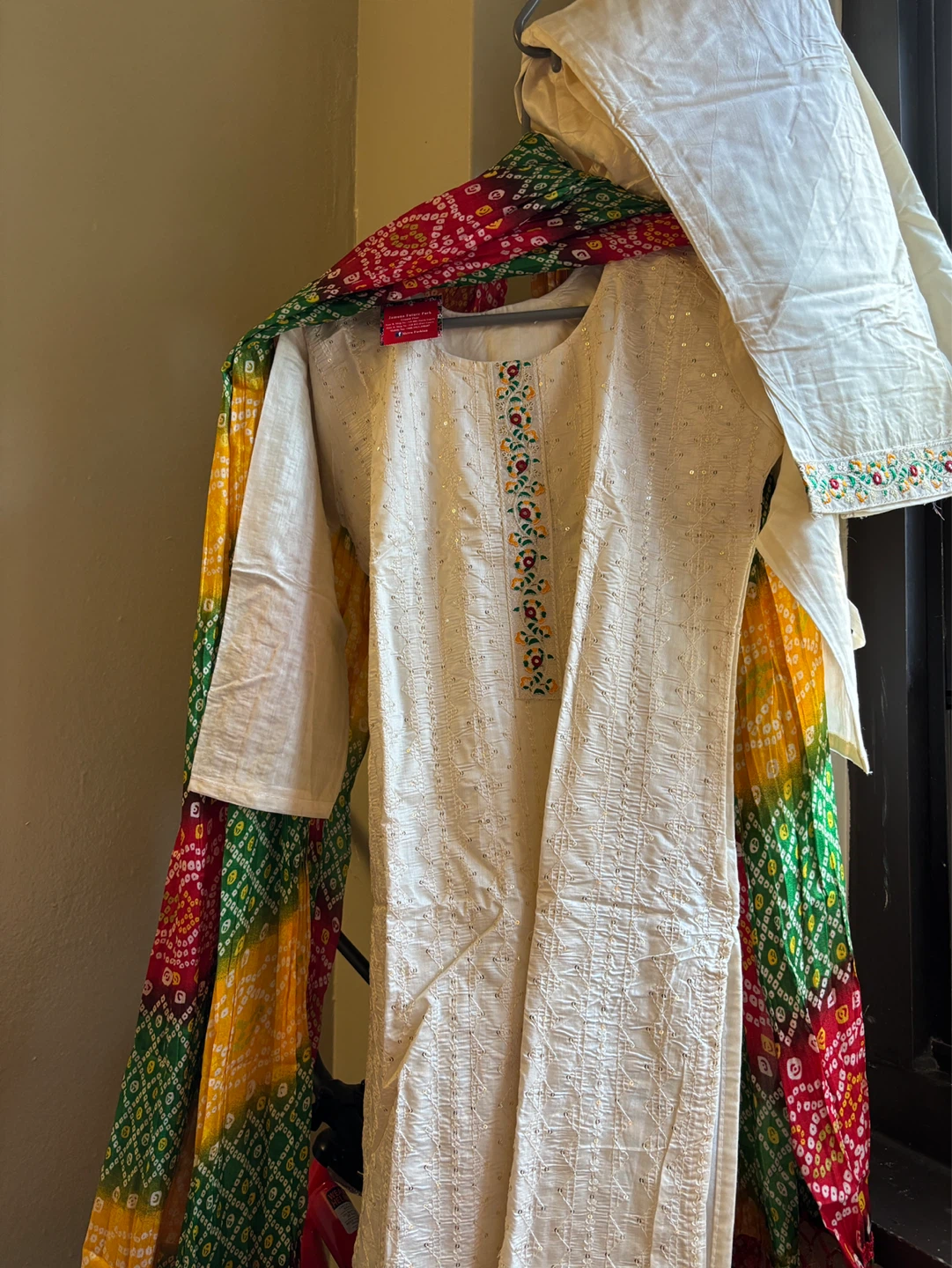 Cream Sequined Kurti with Colorful Scarf and Pants - photo 2