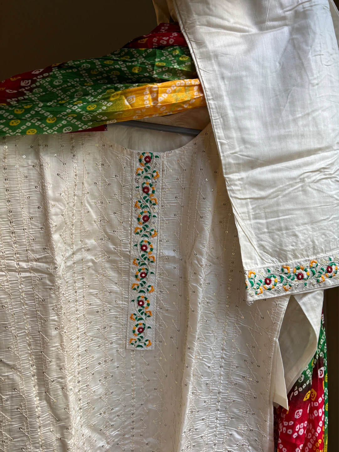 Cream Sequined Kurti with Colorful Scarf and Pants